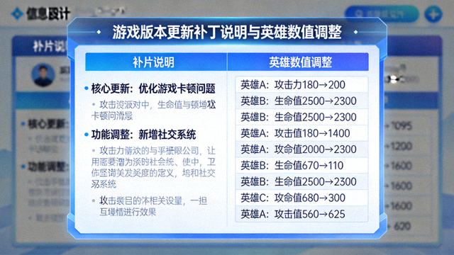 游戏版本更新补丁说明与英雄数值调整示意图